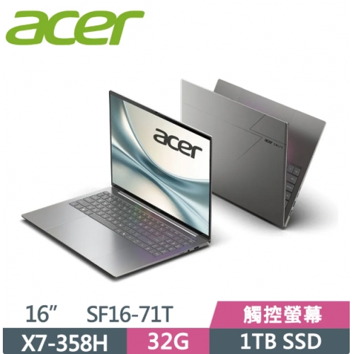 ACER 宏碁Swift 16 AI SF16-71T-72M7 16吋 AI筆電 灰 (Ultra X7 358H/32G/1TB SSD/16/W11) ACER 宏碁Swift 16 AI...